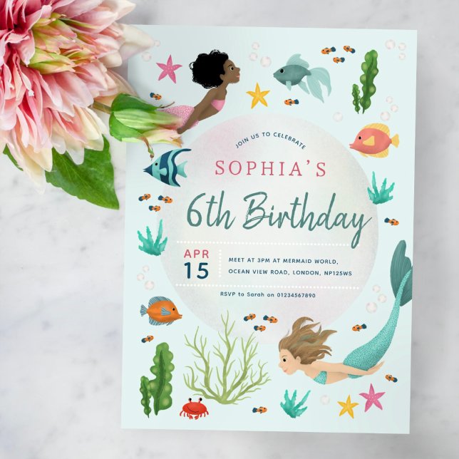 Invitation Filles mignonnes sous la mer Sirène 6e anniversair (Créateur téléchargé)