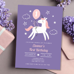 Invitation Filles mignonnes Unicorn rose et violet Anniversai