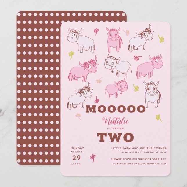 Invitation Filles mignonnes Vaches amusantes Caricature rose  (Devant / Derrière)