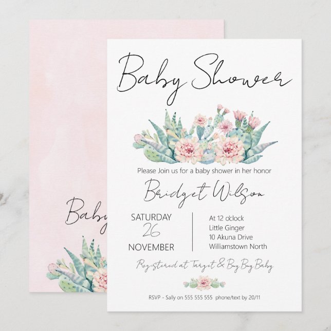 Invitation Filles modernes Floral Cactus Fiesta Baby shower (Devant / Derrière)