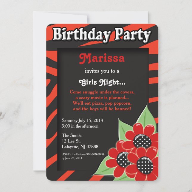 Invitation Filles Nuit Anniversaire (Devant)