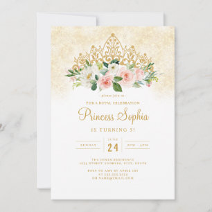 Invitation Filles Or Rose Princesse Couronne Florale Annivers