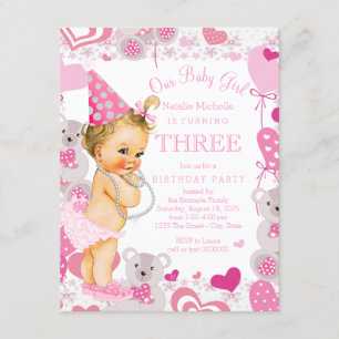 Invitation Filles ours en peluche roses coeurs 3ème anniversa