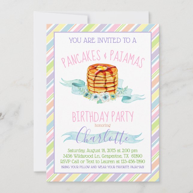 Invitation Filles Pancakes et Pyjama fête d'anniversaire (Devant)