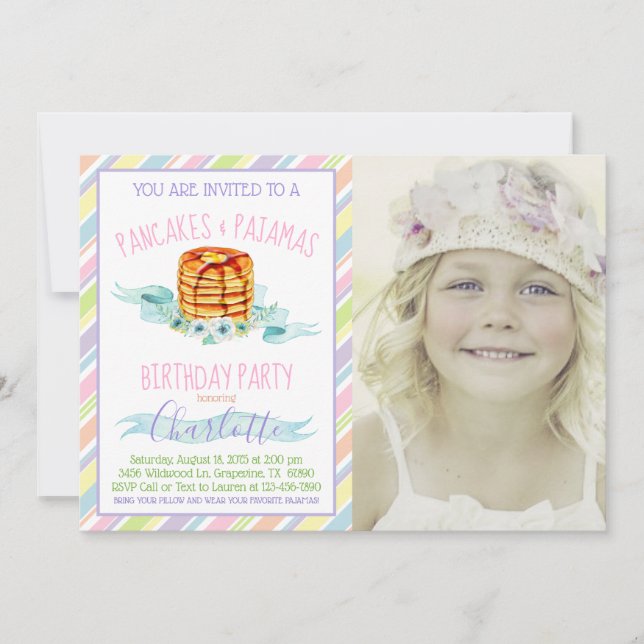 Invitation Filles Pancakes et Pyjama Photo Anniversaire (Devant)