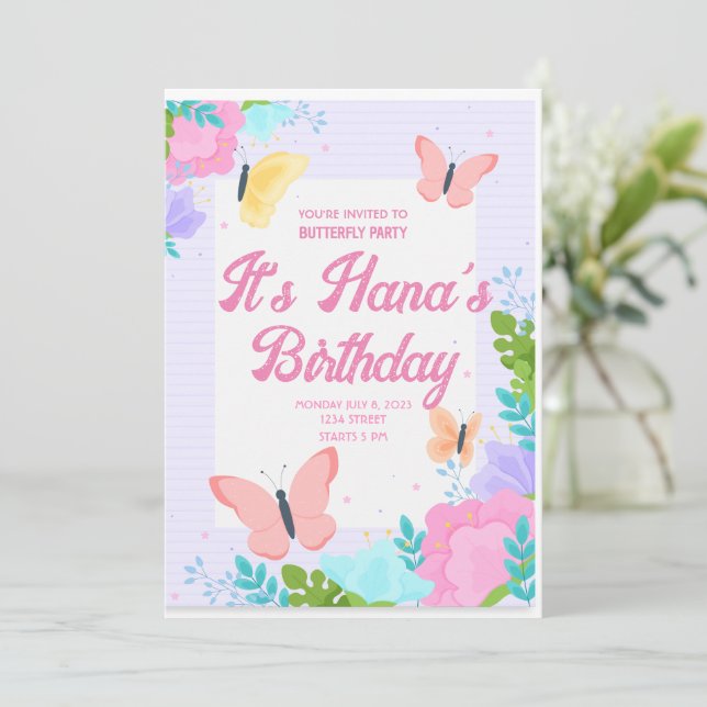 Invitation Filles papillon rose fête d'anniversaire (Debout devant)
