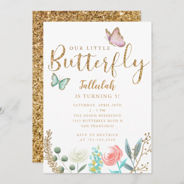 Invitation Filles papillons fête d'anniversaire (Devant / Derrière)