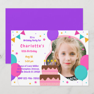 Invitation Filles Photo mignonne rose violet fête d'anniversa
