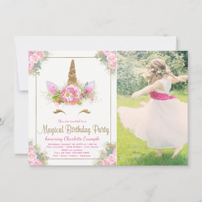 Invitation Filles Photo Unicorn Visage Anniversaire Fête Invi (Devant)