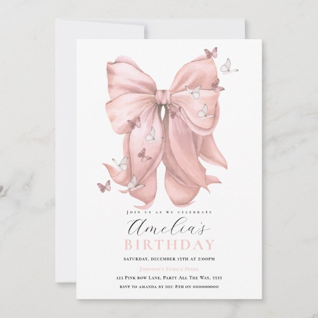 Invitation Filles Pink Bow Anniversaire Papillons Rose N'Impo (Devant)