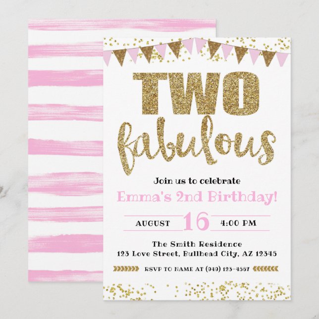 Invitation Fille's Pink & Gold Deux Fabuleux 2e anniversaire (Devant / Derrière)