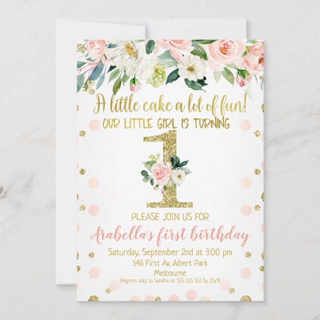 Invitation Filles Pink Gold Floral 1er anniversaire Invitatio (Devant)