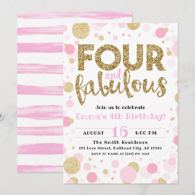 Invitation Fille's Pink & Gold Quatre & Fabuleux 4e anniversa (Devant / Derrière)