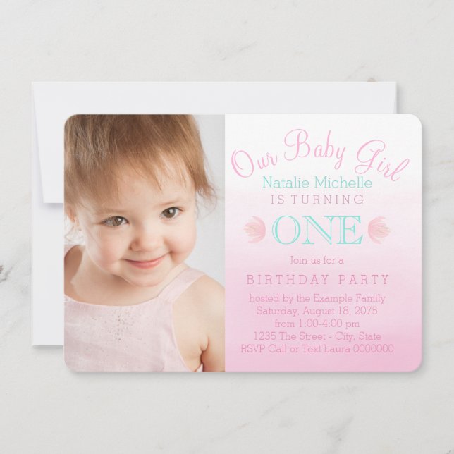 Invitation Filles Pink Ombre Premier anniversaire (Devant)
