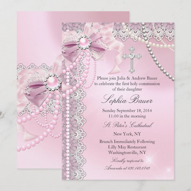 Invitation Filles Pink Pearl Bow Croix Sainte Communion (Devant / Derrière)