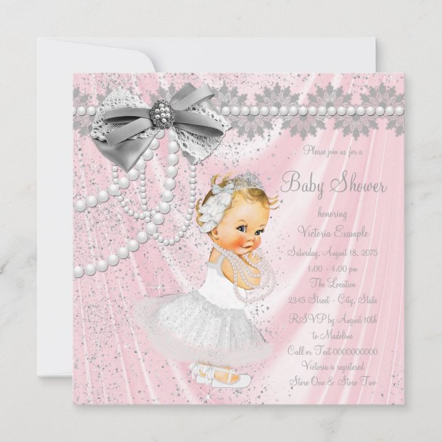 Invitation Filles Pink Satin Pearl Petit Baby shower-Dame (Devant)