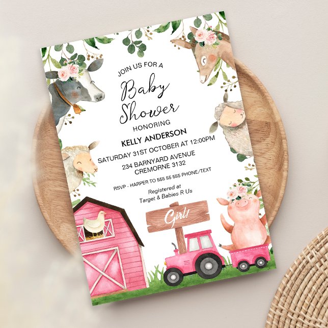 Invitation Filles Pink Tractor Grange Baby shower de ferme (Girls Farm Baby Shower Invitation Farmyard Barnyard Farm Animals Girls Baby Shower Invite Floral)