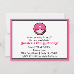 Invitation Filles Pirate Rose Brown cheveux Anniversaire Invi