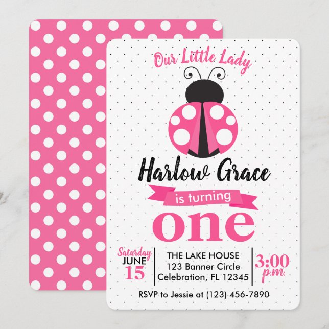Invitation Filles Pois de Pink Ladybug (Devant / Derrière)