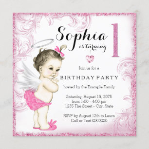 Invitation Filles Premier anniversaire fête Ange rose