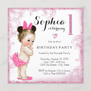 Invitation Filles Premier Anniversaire Fête Pink Swirl