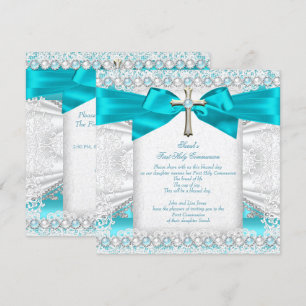 Invitation Filles Première Sainte Communion Bleu Turquoise Pe