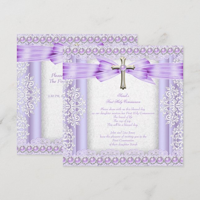 Invitation Filles Première Sainte Communion Croix Jolie Lavan (Devant / Derrière)