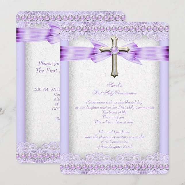 Invitation Filles Première Sainte Communion Croix Jolie Lavan (Devant / Derrière)