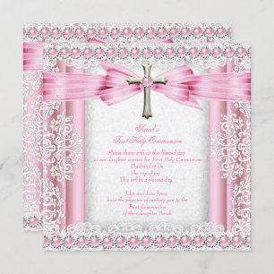 Invitation Filles Première Sainte Communion Croix Plutôt Rose