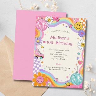 Invitation Filles Rétro Groovy Patinage Disco Ball Anniversai