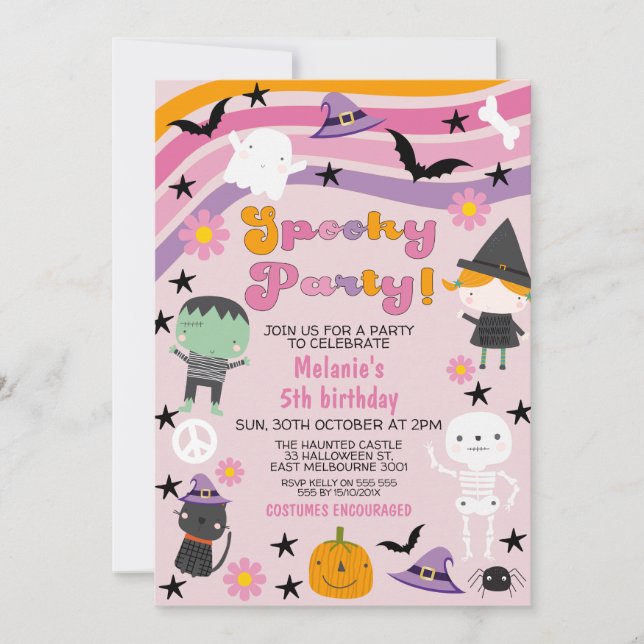 Invitation Filles Retro Pooky Party Halloween Anniversaire (Devant)