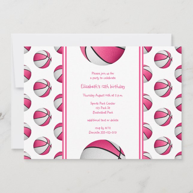 Invitation filles rose blanc basket anniversaire ou fête d'éq (Devant)