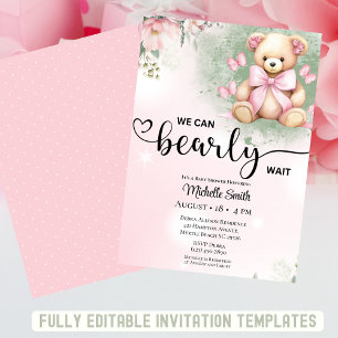 Invitation Filles Rose Blush Floral Teddy Baby shower Ours