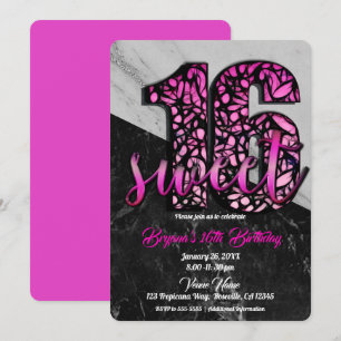 Invitation Filles Rose et Noir Marbre Sweet 16 Fête d'anniver