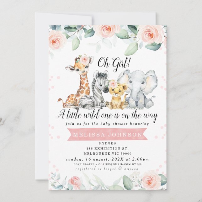 Invitation Filles rose floral bannière Safari Baby shower béb (Devant)
