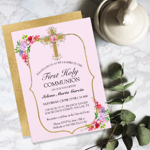 Invitation Filles Rose Floral Première Sainte Communion