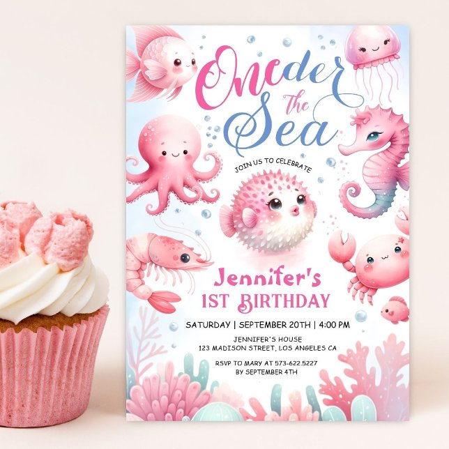 Invitation Filles rose mignonne Océan ONEder La Mer 1er Anniv (Créateur téléchargé)