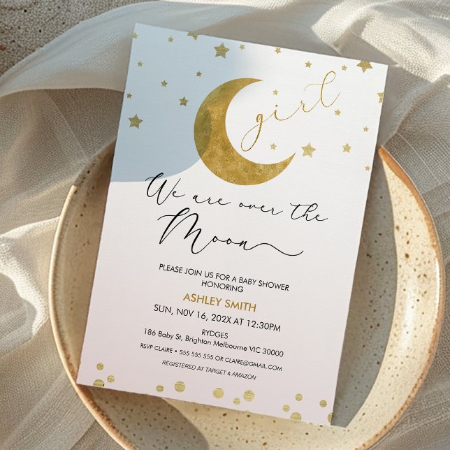 Invitation Filles Rose Or Nous Sommes Au-Dessus Du Baby showe (Girls We are Over the Moon Baby Shower Invitation Blue Gold Moon Themed Baby Shower Girl, Moon Stars)