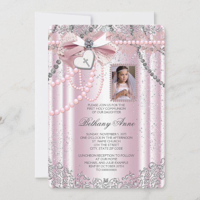 Invitation Filles rose photo première communion (Devant)