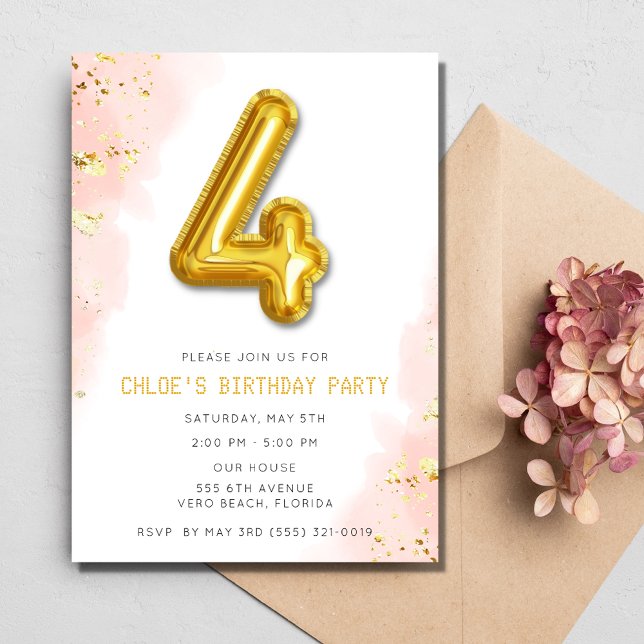 Invitation Filles roses 4e fête de ballons d'anniversaire (Pink Girls 4th Birthday Balloon Party Invitation)