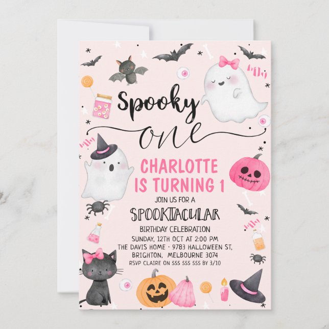 Invitation Filles roses Éffrayant un Halloween 1er anniversai (Devant)