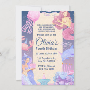 Invitation Filles roses et violettes Sirène Anniversaire