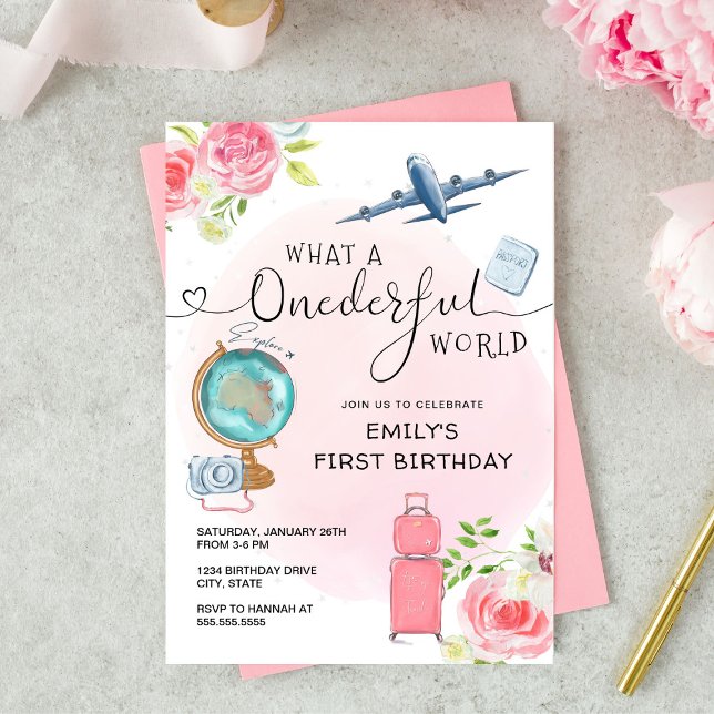 Invitation Filles roses UN premier anniversaire du monde (Créateur téléchargé)
