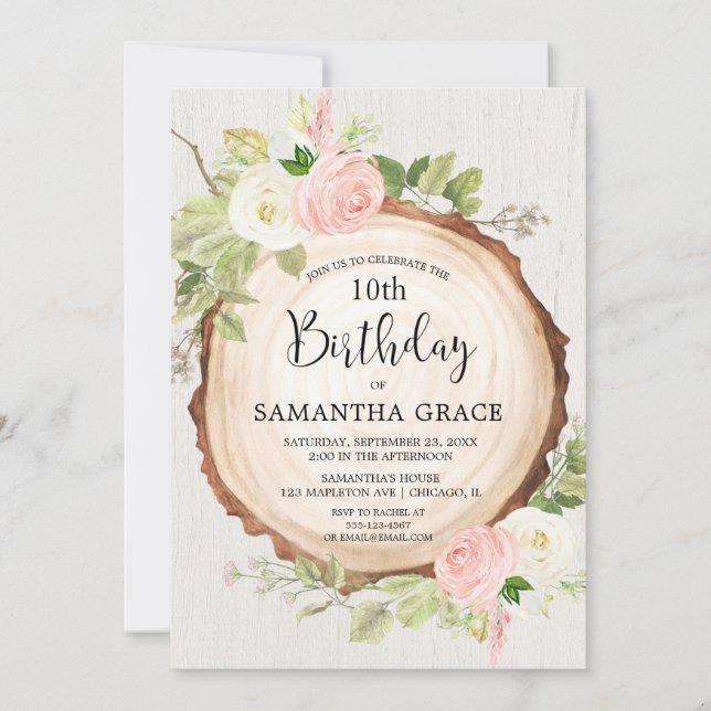 Invitation Filles rustiques anniversaire bleu crème rose flor (Devant)