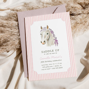 Invitation Filles Saddup Preppy Cheval Pony Rose Anniversaire