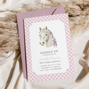 Invitation Filles Saddup Preppy Cheval Pony Rose Anniversaire