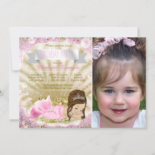 Invitation Filles sirène rose fête d'anniversaire (Devant)