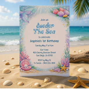 Invitation Filles Sirènes de l'Océan Sous la Mer 1er Annivers