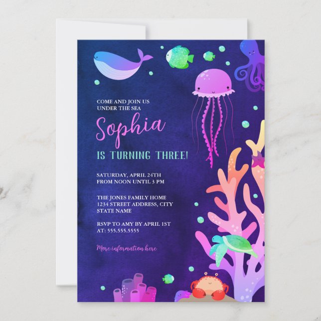 Invitation Filles sous la mer fête d'anniversaire (Devant)