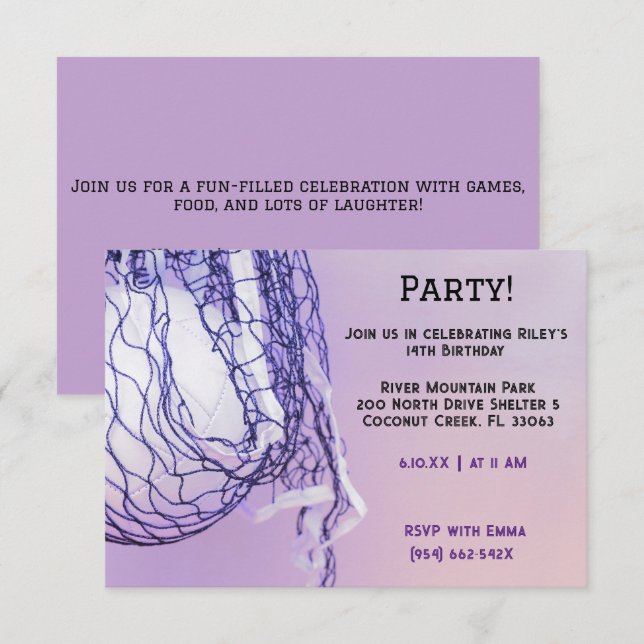 Invitation Filles sport violet léger Volley-ball Anniversaire (Devant / Derrière)